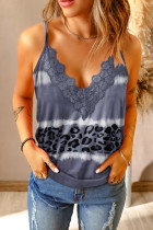 Gray Leopard Dyed Color Block Lace Splice Tank Top