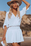 White 3/4 Sleeves Textured Smocked Drape Beach Dress