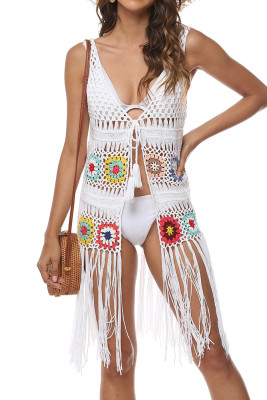 White Crochet Fringe Open Kimono