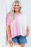 Pink Color Block Ribbed Knit V Neck Plus Size T Shirt