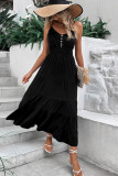 Black V Neck Buttoned Smocked Waist Maxi Dress
