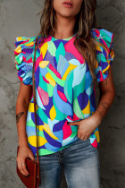 Multicolor Abstract Print Stitching Ruffle Sleeve Blouse