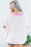 Pink Color Block Ribbed Knit V Neck Plus Size T Shirt