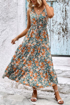 V Neck Buttoned Drawstring Floral Maxi Dress