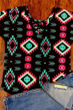Black Western Fashion Aztec Print Crisscross V Neck Top