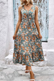 V Neck Buttoned Drawstring Floral Maxi Dress