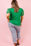 Green Ribbed Lace Patchwork Puff Sleeve Plus Size Blouse
