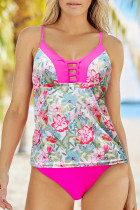 Pink Floral Print Lace-up Criss Cross Tankini Swimsuit