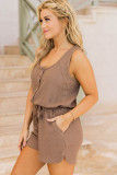 Brown Waffle Knit Buttoned Drawstring Sleeveless Romper