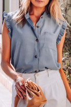 Sky Blue Button Up Ruffled Sleeveless Shirt with Chest Pocket