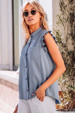 Sky Blue Button Up Ruffled Sleeveless Shirt with Chest Pocket