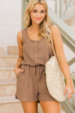 Brown Waffle Knit Buttoned Drawstring Sleeveless Romper