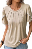 Apricot Lace Trim Pleated Short Sleeve Top