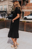 Black Solid Color Short Sleeve Ruffled T-shirt Dress