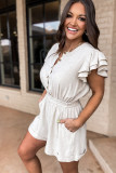 Beige Button Front Ruffle Sleeve Casual Romper