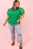 Green Ribbed Lace Patchwork Puff Sleeve Plus Size Blouse