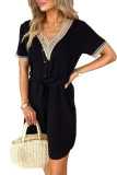 Black Lace Splicing Short Sleeve Dress with Waist Tie