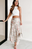 Beige Floral High Waist A-Line Skirt