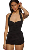 Black Ruched Halter Neck Open Back One-piece Swimsuit