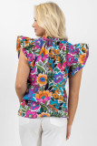 Multicolor Ruffled Flutter Sleeve Floral Print Blouse