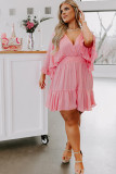Pink Ruffled Knotted Open Back Wrap V Neck Plus Size Dress