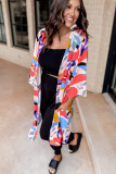 Multicolor Abstract Print Quarter Sleeve Pocketed Open Front Kimono
