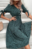 V Neck Buttoned Turquoise Spot Smocked Waist Mini Dress
