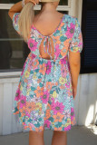 Multicolor Plus Size Cut-out Lace-up Back Flower Print Dress