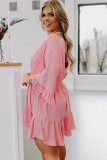 Pink Ruffled Knotted Open Back Wrap V Neck Plus Size Dress