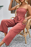 Red Off Shoulder Button Up Jumpsuit with Pockets