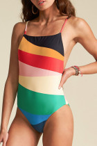 Multicolor Color Block Backless One-piece Swimsuit