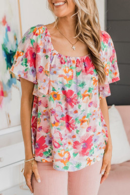 Multicolor Watercolor Floral Square Neck Ruffle Sleeve Blouse