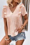 V Neck Buttoned Ruffle Gold Stamping Blouse 