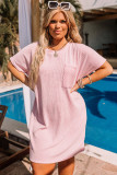 Pink Ribbed Chest Pocket Short Sleeve Plus Size Lounge Dress