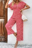 Red Floral Print Ruffle Sleeves Wide Leg Jumpsuit