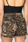 Brown Leopard Print Ripped Denim Shorts