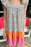 Leopard Colorblock Swiss Dot Flutter Sleeve Square Neck Mini Dress