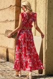 Red Multicolor Floral Ruffled Crop Top and Maxi Skirt Set