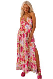 Red Halter Neck Backless Floral Print Maxi Dress with Ties