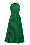 Plain Halter Pleated Maxi Dress With Sash