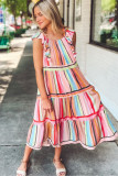 Pink Rainbow Stripe Ruffles Ruched Tiered Dress