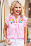 Pink Floral Embroidered Check Ruffle Flutter Sleeves Blouse
