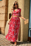 Red Multicolor Floral Ruffled Crop Top and Maxi Skirt Set