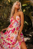 Red Halter Neck Backless Floral Print Maxi Dress with Ties