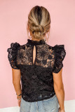 Black Lace High Neck Ruffle Sleeve Top with Keyhole