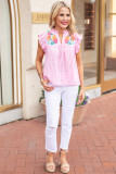 Pink Floral Embroidered Check Ruffle Flutter Sleeves Blouse