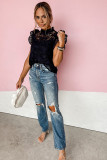 Black Lace High Neck Ruffle Sleeve Top with Keyhole