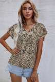 Leopard Print Flutter Sleeve V Neck Blouse