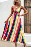 Multicolor Striped V Neck Spaghetti Strap Backless Maxi Dress