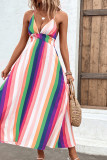 Multicolor Striped V Neck Spaghetti Strap Backless Maxi Dress